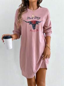 SHEIN LUNE Women's Crew Neck Long Sleeve Letter Pattern Minimalist Sweatshirt, Casual Daily Wear Pullover Fall Outfit - Multicolor - View 3