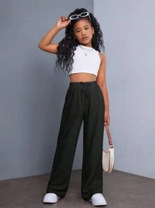 SHEIN Pantalones anchos de pierna ancha sólidos cómodos informales para niña preadolescente - Negro - Ver 7
