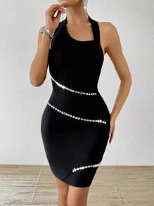Zolique Women's Elegant Crystal Decor Halter Neck Bodycon Mini Bandage Dress,Black,Summer,70's,Club,Party,Homecoming Short Black Dresses - Black - View 5