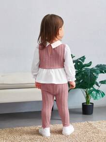 SHEIN 2pcs Baby Girl Casual Cute Knitted False 2-Piece Colorblock Collar Long Sleeve Top And Elastic Waist Pants Set - Multicolor - View 2