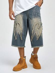 ROMWE MEN Street Life 男式宽松休闲宽松牛仔裤，带磨损下摆和串珠装饰 - 藍色 - 查看 6