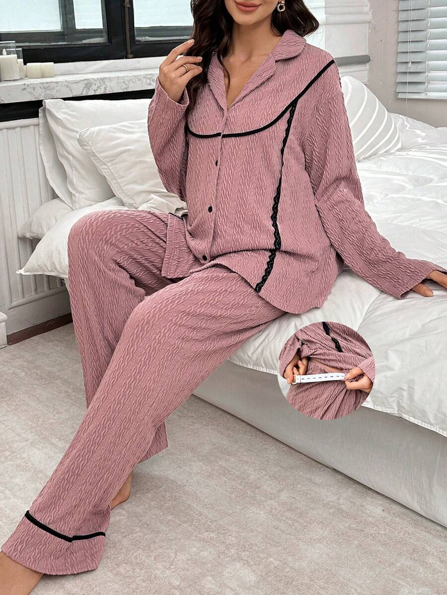 Moonlight&Mama Bộ đồ ngủ dài tay cổ bẻ viền ren Jacquard màu tương phản dành cho phụ nữ mang thai - Bụi hồng - Xem 1
