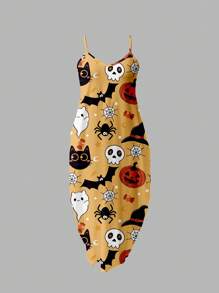 Slaydiva Lässiges, einfaches Damen Sommerkleid mit lockerem Träger und Taschen, Muster mit Halloween-Motiven wie Kürbis, Fledermaus, Gespenst, Katze, Hexenhut, Süßigkeiten, Stern und Spinne - Verschiedenfarbig - Übersicht 2