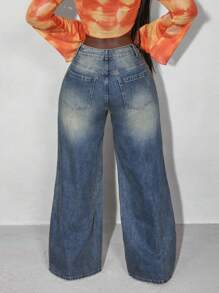 Slaydiva Women Asymmetric Waist Patch Pocket Loose Flared Leg Casual Denim Jeans - Medium Wash - View 3