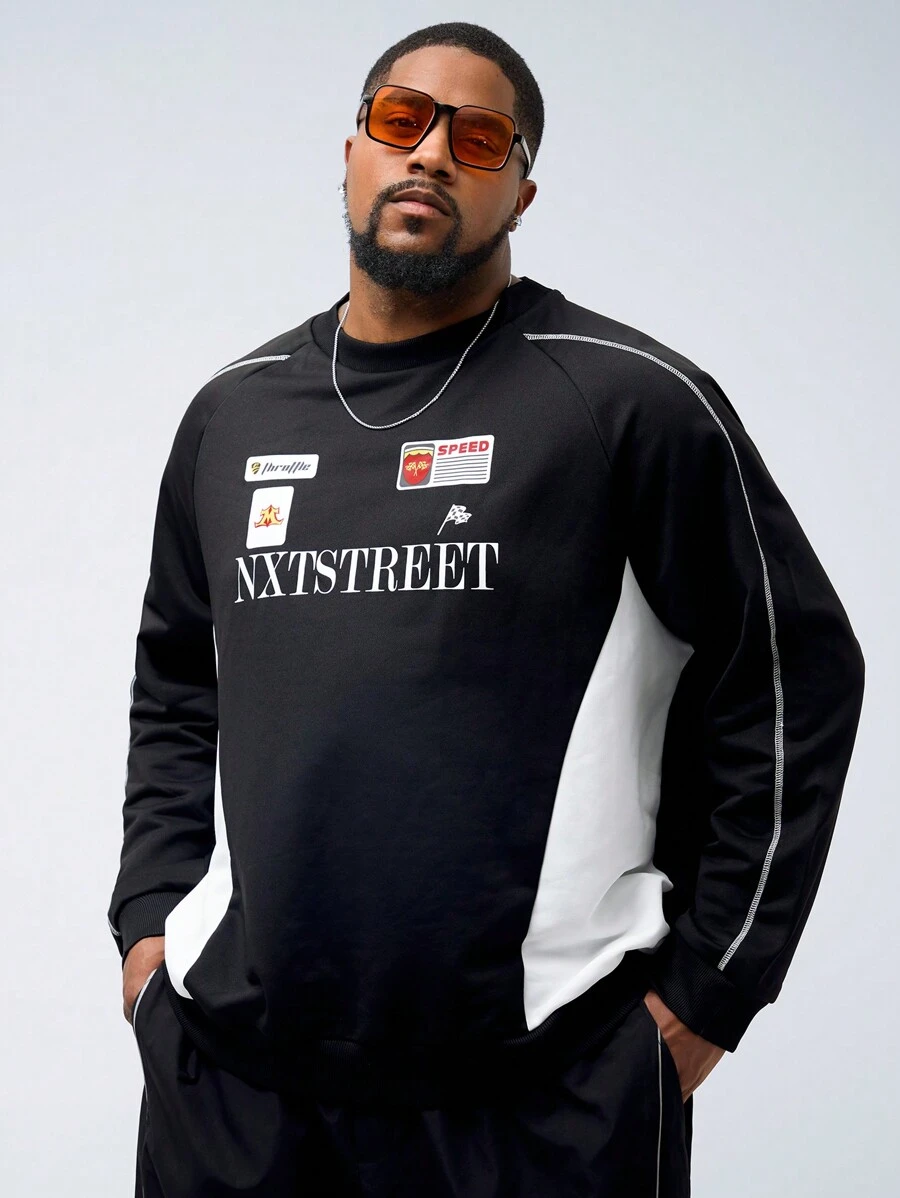 Mainfolk Plus Size Men's Casual Knitted Badge Print Loose Raglan Sleeve Crew Neck Sweatshirt, Suitable For Autumn And Winter - Multicolor - View 1
