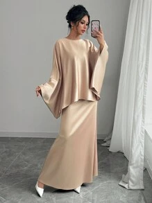 Chiquease 法式奢华圆领蝙蝠袖衬衫和优雅鱼尾中裙女款 2 件套 - 卡其色 - 查看 1