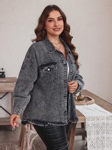 SHEIN LUNE Áo khoác denim tay dài cài nút phía trước cỡ lớn thường ngày - Xám - Xem 5