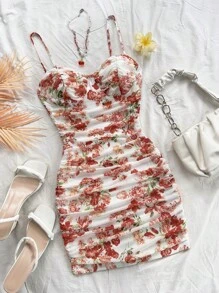 Soleia WYWH Dames Vakantie Gerimpelde Mesh Rozenprint Spaghettiband Mini Zomerjurk