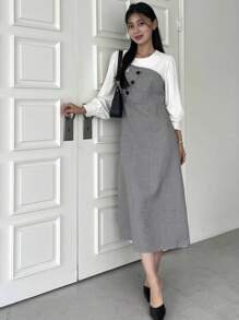 DAZY Đầm suông đơn giản, họa tiết khối màu tương phản, cổ tròn, tay dài, cài nút phía trước, dáng thường ngày, họa tiết kẻ caro mùa thu cho nữ - màu đen - Xem 4