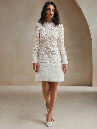 Anewsta Ladies' Spring & Autumn Elegant Solid Color Lace Contrast Mini Dress,Ladies Elegant Zipper Long Sleeve Stand Collar Regular Fit Short White Regular Sleeve Plain Fitted Women Mini Dresses,Spring/Fall,Professional/Business Attire/Workwear