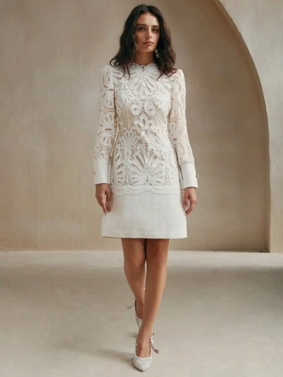 Anewsta Ladies' Spring & Autumn Elegant Solid Color Lace Contrast Mini Dress,Ladies Elegant Zipper Long Sleeve Stand Collar Regular Fit Short White Regular Sleeve Plain Fitted Women Mini Dresses,Spring/Fall,Professional/Business Attire/Workwear