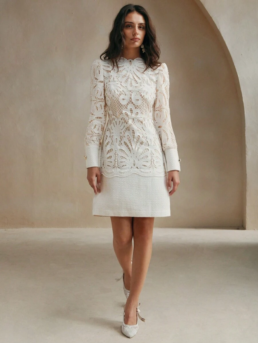 Anewsta Váy ngắn ren trơn màu thanh lịch cho nữ mùa xuân và mùa thu, váy ngắn tay dài cổ đứng có khóa kéo thanh lịch cho nữ, váy ngắn tay màu trắng đơn giản ôm vừa vặn, mùa xuân/mùa thu, trang phục chuyên nghiệp/công sở/đồ bảo hộ lao động - trắng - Xem 1