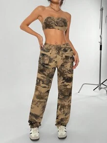 SHEIN X  Ignacia Antonia SHEIN Unity 2 件套女士夏季时尚迷彩印花短款抹胸和工装裤套装 - 彩色 - 查看 6
