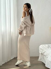 SHEIN EZwear 2 Stück Set für Damen bestehend aus einfarbiger Kapuzenjacke mit Reißverschluss vorne und lässigem Kleid