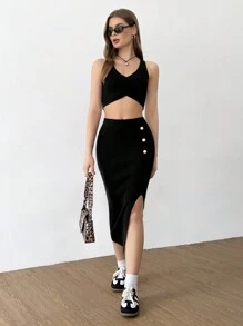 SHEIN Unity 2 peças de suéter simples sem mangas de cor sólida e saia de botão conjunto casual para mulheres - Preto - Ver 1