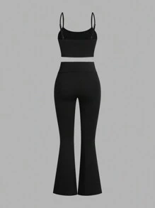 SHEIN Essnce Bộ 3 món quần áo thể thao nhẹ thường ngày cho nữ mùa thu năm 2024, du lịch ngoài trời, đạp xe, áo ba lỗ, quần bó và áo sơ mi - Đen và trắng - Xem 4