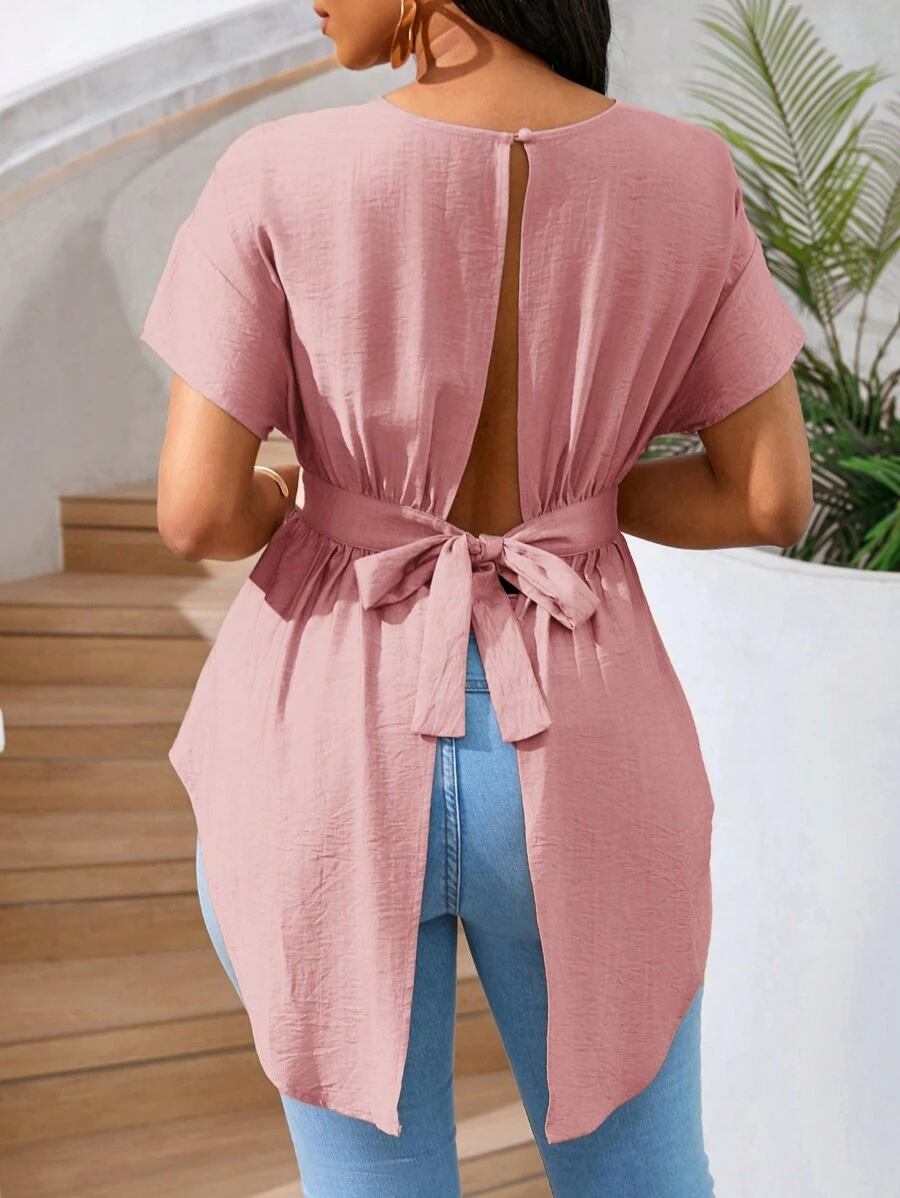 SHEIN Lady 女士露背系带高低休闲衬衫，卡其色和米色，夏季上衣 - 藕粉色 - 查看 1