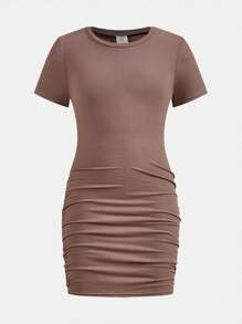 SHEIN 3pcs/Set Tween Girl Solid Color Crew Neck Fitted Casual Short Sleeve Dress Set - Khaki - View 5