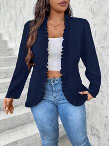 Plus Size Women's Spring & Autumn Solid Color Frill Trim Simple Blazer Graduation,Back To School,Teacher Outfits For Women Fall Cloth For Women - Navy Blue - View 3