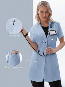 TaskEZ Women Scrubs  Uniform Button Front Hospital Nurse Scrub Dress Lab Coat Clothes 2 Front Pockets+ One Inner Pocket - Baby Blue - View 1