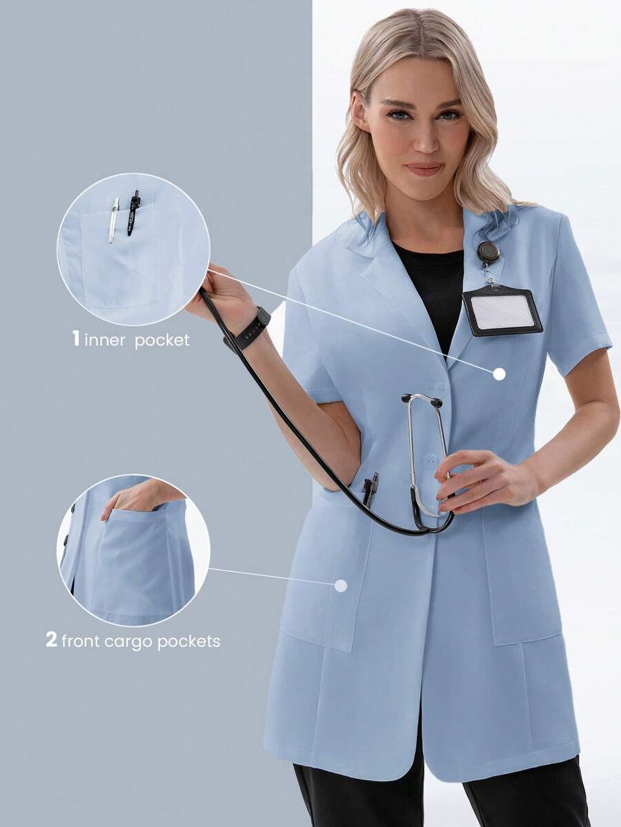 TaskEZ Women Scrubs  Uniform Button Front Hospital Nurse Scrub Dress Lab Coat Clothes 2 Front Pockets+ One Inner Pocket - Baby Blue - View 1