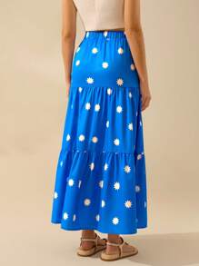 CAJUNI Women's Sun Print, Blue Patchwork Skirt, Summer Skirt For Leisure Beach