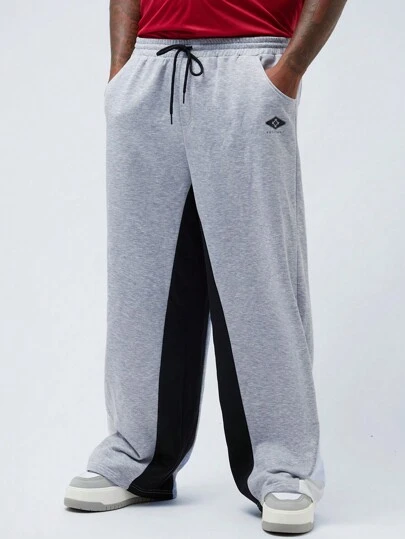 Manfinity VCAY Plus Size Men's Casual Patchwork Drawstring Waist Straight Leg Sweatpants, Suitable For Daily Wear