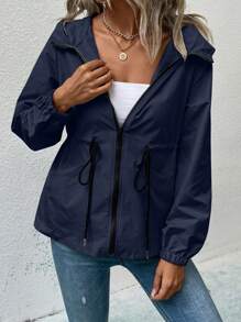 Chiquease Chaqueta casual con capucha, de unicolor, de manga larga y con cordón en la cintura para mujer, primavera y otoño - Azul Marino - Ver 3