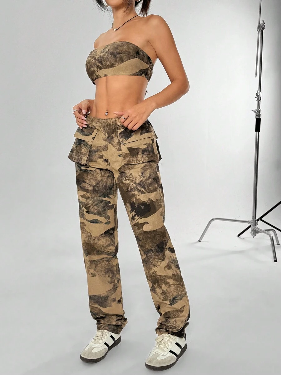 SHEIN X  Ignacia Antonia SHEIN Unity 2 件套女士夏季时尚迷彩印花短款抹胸和工装裤套装 - 彩色 - 查看 1