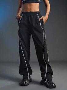 SHEIN Sports 女式复古条纹宽松休闲裤 - 黑色 - 查看 9