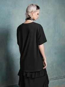 Corpse Bride X SHEIN Unisex Casual Fitted Emily Character Print Black Short Sleeve T-Shirt,Graphic Tee - Black - View 2