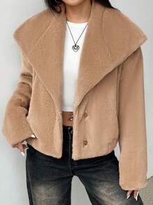 Flirla 女士纯色长袖毛绒领休闲夹克秋冬季 - 卡其色 - 查看 3