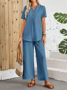 EMERY ROSE 女士夏季短袖衬衫和长套装 - 霧霾藍 - 查看 4