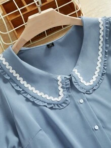 Mulvari Plus Size Casual Ribbon Patchwork Peter Pan Collar Blouse - Dusty Blue - View 3