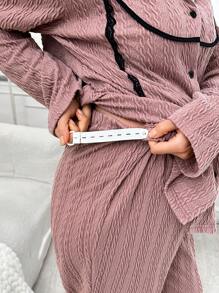 Moonlight&Mama Bộ đồ ngủ dài tay cổ bẻ viền ren Jacquard màu tương phản dành cho phụ nữ mang thai - Bụi hồng - Xem 6