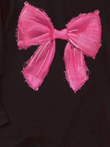 SHEIN 2 件套 Tween Girls 舒适黑色蝴蝶结印花休闲运动衫和裤子家居服套装 - 黑色 - 查看 4