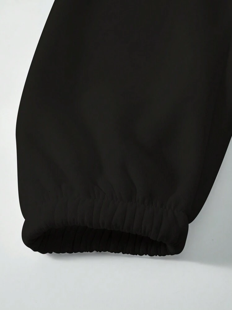 Conjunto de sudadera con capucha de dos piezas de moda y cálido, con cuello redondo y forro polar + pantalón de chándal deportivo con estampado de letra simple, adecuado para otoño e invierno, para correr, hacer ejercicio y ocio en casa - Negro - Añade 4