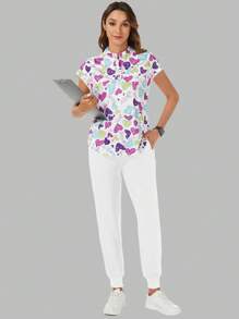 TaskEZ Women Heart Pattern Stand Collar Bat Wing Sleeve Blouse And Pants Uniform Scrub Set - White - View 2