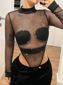 SHEIN ICON Women Sexy Rhinestone Fishnet Sheer Bodysuit, Black Clothes - Black - View 3