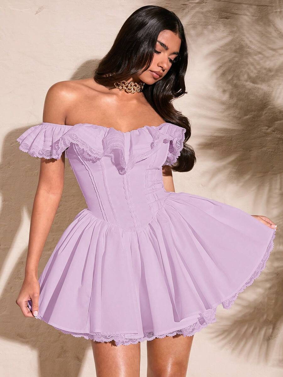 SHEIN BAE Đầm xòe ren hở vai màu trắng gợi cảm ngọt ngào cho nữ mùa hè tay lỡ xếp ly ngực viền ren ngọt ngào - Màu Lilac Tím - Xem 1