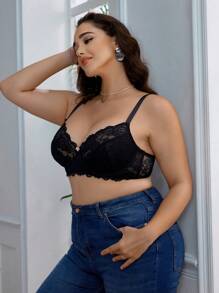 Plus Size Women's Classic Padded Underwire Contrast Lace Bra, Lingerie - Black - View 4