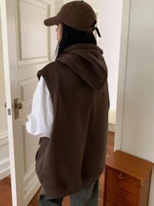 DAZY 女式休闲无袖连帽丝带运动衫，秋季，无袖拉链上衣 - 咖啡棕 - 查看 3