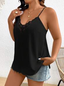 SHEIN Frenchy Plus Size Solid Color Lace Patchwork V-Neck Camisole