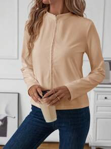 SHEIN LUNE Women's Casual Zip-Up White Yoga Jacket - كاكي - مشاهدة 7
