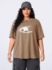 SHEIN EZwear CURVE Plus Size Women's Summer Star Letter Print Loose Crew Neck T-Shirt - Khaki - View 6