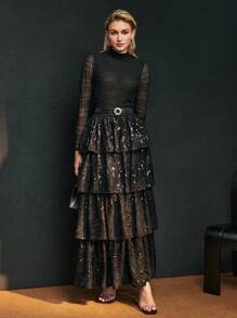 MOTF Soiréza 亮片层叠荷叶边下摆短裙 - 黑色 - 查看 6