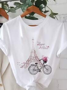 Calvaya Plus Size Romantic Eiffel Tower Bicycle Printed Casual Short Sleeve T-Shirt, Bonjour Paris Graphic Tees Women Tops, For Summer