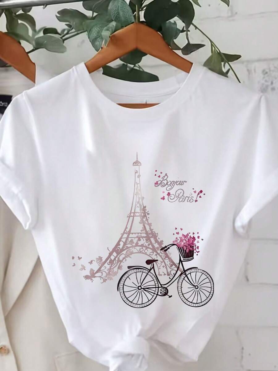 Calvaya Plus Size Romantic Eiffel Tower Bicycle Printed Casual Short Sleeve T-Shirt, Bonjour Paris Graphic Tees Women Tops, For Summer