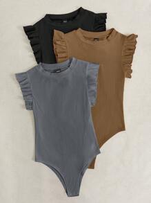 Chiquease Bộ đồ liền thân cổ tròn màu trơn viền bèo nhún tối giản ôm sát thường ngày - Nhiều màu - Xem 4