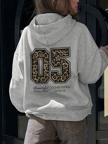 INAWLY 女士秋季抽绳长袖数字印花简约连帽衫、休闲日常穿着、长袖上衣 - 灰色 - 查看 1